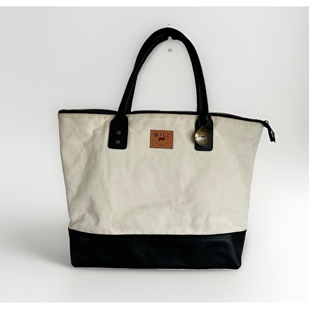 WILL LEATHER GOODS Getaway Zippered Tote Bag Canvas W/ Black Leather Bottom